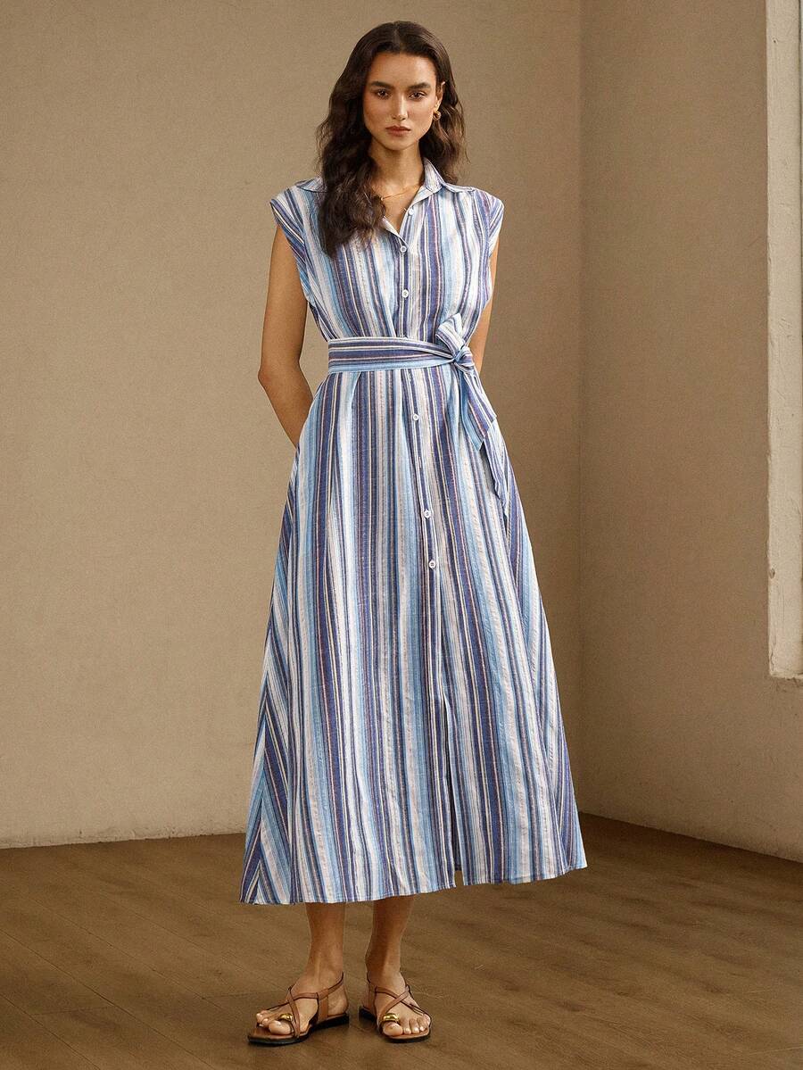 Briarwyn Vestido de moda a rayas de mujer con botones simples y cordones - Multicolor - Ver 1