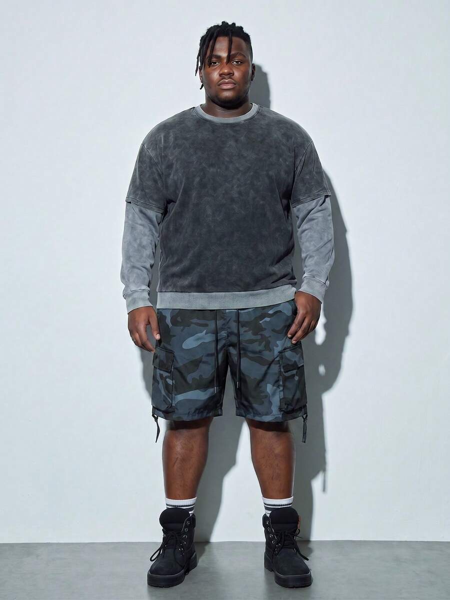 Plus Size Men's Summer Casual Camouflage Cargo Shorts With Flap Pocket - Dark Grey - View 1