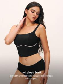LUVLETTE Bra Tanpa Kawat Tanpa Jahitan 2-in-1 Model Leher Persegi Terintegrasi, Cami Tanpa Punggung, Bra Santai Panjang, Atasan Tank Top Hitam Dasar - Hitam - View 5
