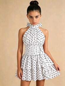 Tween Girl Polka Dot Pattern Fashion Classic Dress - Black and White - View 4
