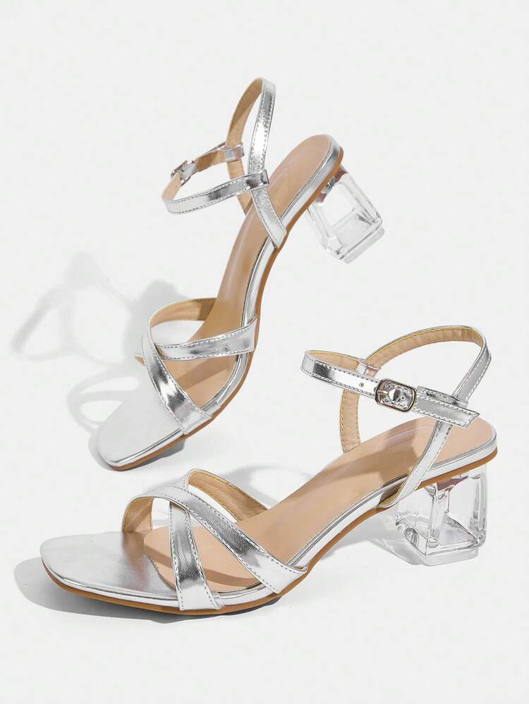 CUCCOO TILAWA Fashion Transparent Asymmetric Chunky Heel Square Toe Glossy Strap High Heel Sandals, Comfortable Heel Type Banquet & Daily Women's Sandals