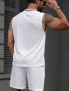 Manfinity Joysei Men's Knitted Jacquard Solid Color Textured Ribbed Collar Sweater Vest Set, Holiday - White - View 2