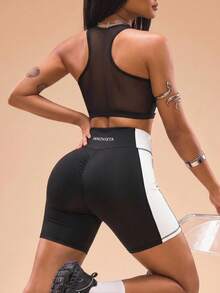 Innovista Women's Summer Contrast Color Mesh Splice Racerback Tank Top And Shorts Sports Suit Black White Set Women 2PCS Sports Bra + Biker Shorts, Removable Pads, Mesh Paneling With Open-Back Mesh, High-Waist Compression Butt Lift, Squat-Proof Fabric For Gym Yoga Pilates. ES/MX Conjunto Deportivo, BR Conjunto Fitness. Gymtok Clean Fit - Black and White - View 2