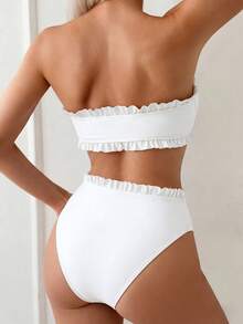 Swim Mod Bộ bikini nữ đi biển mùa hè màu trơn, viền bèo nhún, áo bandeau thắt nút trước, đồ bơi hai mảnh màu đen - trắng - Xem 2