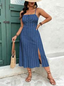 SHEIN Frenchy Casual Minimalist Style Faux Texture Dark Blue Fine Stripe All-Over Print Pattern Plus Size Women's Midi Dress Suitable For Spring/Summer Vacation - Multicolor - View 9