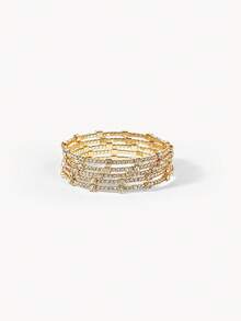 Opalesca Pulseira Aberta E Envolvida Com Strass Fashion Multicamadas Com Punho Feito À Mão Para Mulheres - Ouro - Ver 3