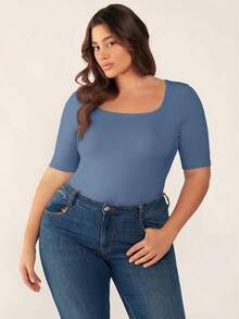 SHEIN BASICS Plus Size Summer Casual Versatile Solid Color Short Sleeve T-Shirt Date Night Brunch Dusty Blue - Dusty Blue - View 6