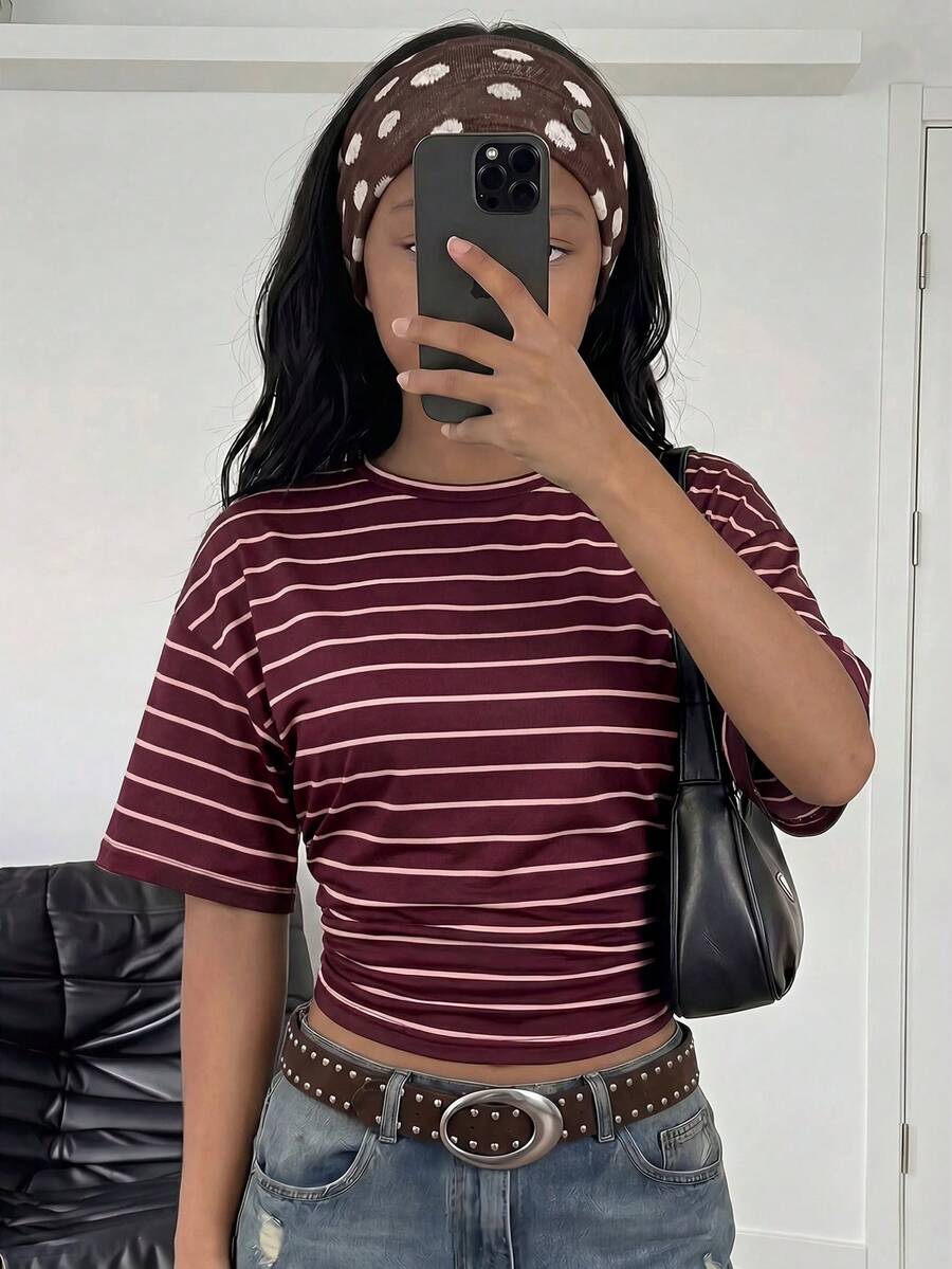 SHEIN Tween Girls New Fashionable Elegant Solid Color Casual Versatile Waist Ruched T-Shirt, Suitable For Daily School Back-To-School And Home Wear White - Multicolor - View 1