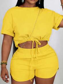 Slaydiva Slayr Plus Casual Solid Color Fitted Drawstring Split Women's Plus Size Two Pieces Outfits,Set,Summer,Two Pieces - Pale Yellow - View 7