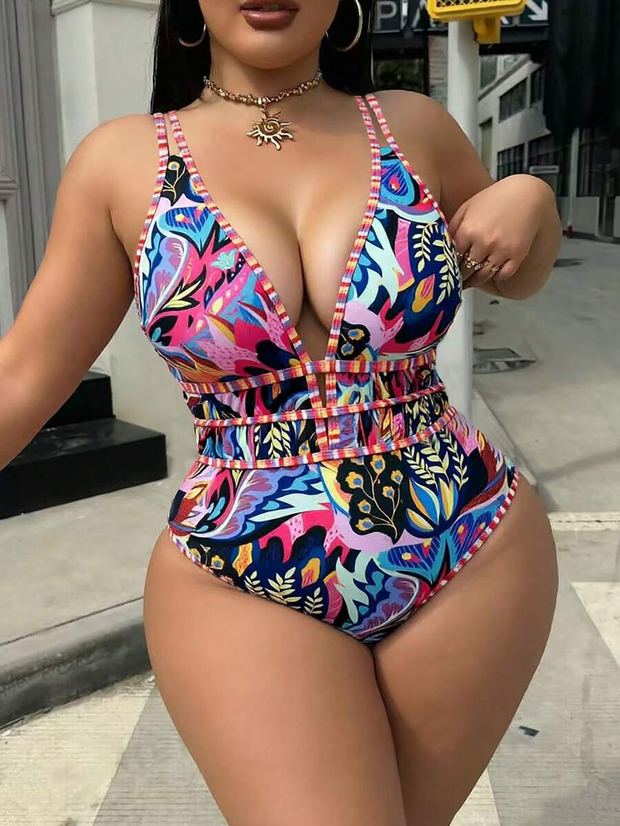 Swim Vcay 女款大尺碼豹紋深V領性感一件式海灘度假泳衣 - 彩色 - 查看 1