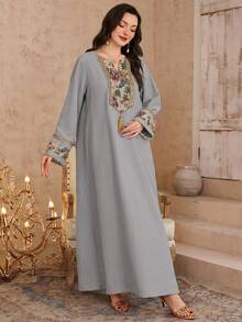 Al Najma Women's Spring/Summer 3D Floral Knit Collar Turkish Long Shirt & Traditional Arabic Long Shirt - Grey - View 5