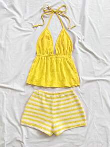 Soleia Casual Halter V-Neck Tie Back Textured Fabric Red Tank Top Women's Vacation Spring/Summer Red And White Striped Knit Asymmetric Neck Fitted Top And Ultra Low Waist Tight Shorts 2pcs Set Party Christmas Valentine's Day Date Beach Cruise Vacation Carnival Easter 2pcs Set, Soft Fabric - Pale Yellow - View 2