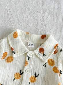 SHEIN Vintaside Kids 新生兒夏季領口短袖時尚簡約休閒襯衫搭配百搭休閒數位印花短褲，適合日常休閒、公園散步、購物、旅行、度假、露營和野餐 - 橘色 - 查看 5