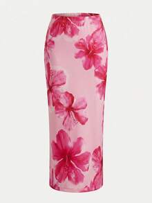 Young Girl Casual Vacation Floral Print Camisole Top And Floral Print Skirt Set - Pink - View 3