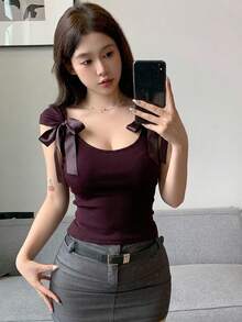 Joudiya Backless Bow-Tie Lace Up Short Sleeve Women's Slim Fit T-Shirt Going Out Tops Summer Halter Top - Burgundy - View 8