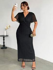 Firerie Vestido elegante de verano talla grande con nudo delantero y manga corta - Negro - Ver 5