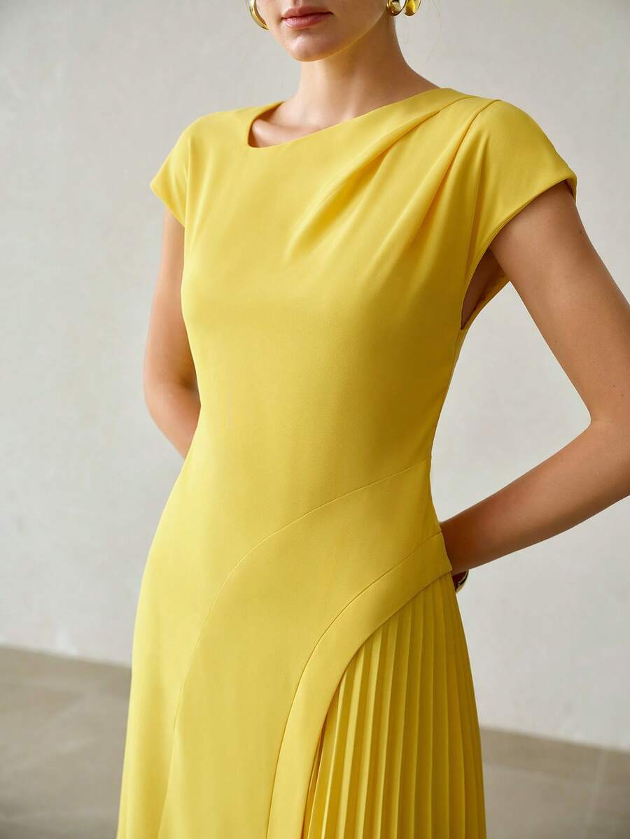 MOTF PREMIUM WOMEN'S ELEGANT COMMUTER SHORT SLEEVE PLEATED YELLOW MIDI DRESS FOR SPRING AND SUMMER - Yellow - View 2