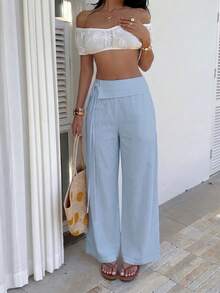 Sunnyshic Women's Solid Color Casual Versatile Daily Wear Pants Beach Light Blue Summer - Blue - View 5