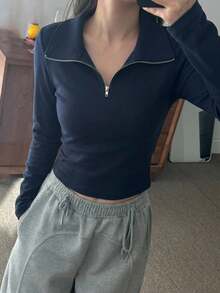 DAZY Solid Half Zip Crop Tee Long Sleeve Women Tops - Navy Blue - View 9