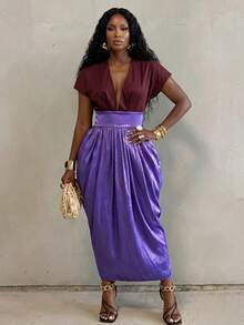 BamGlimmer Women's Contrast Color Deep V-Neck Waist-Defining Fashion Design Long Dress - Purple - View 3