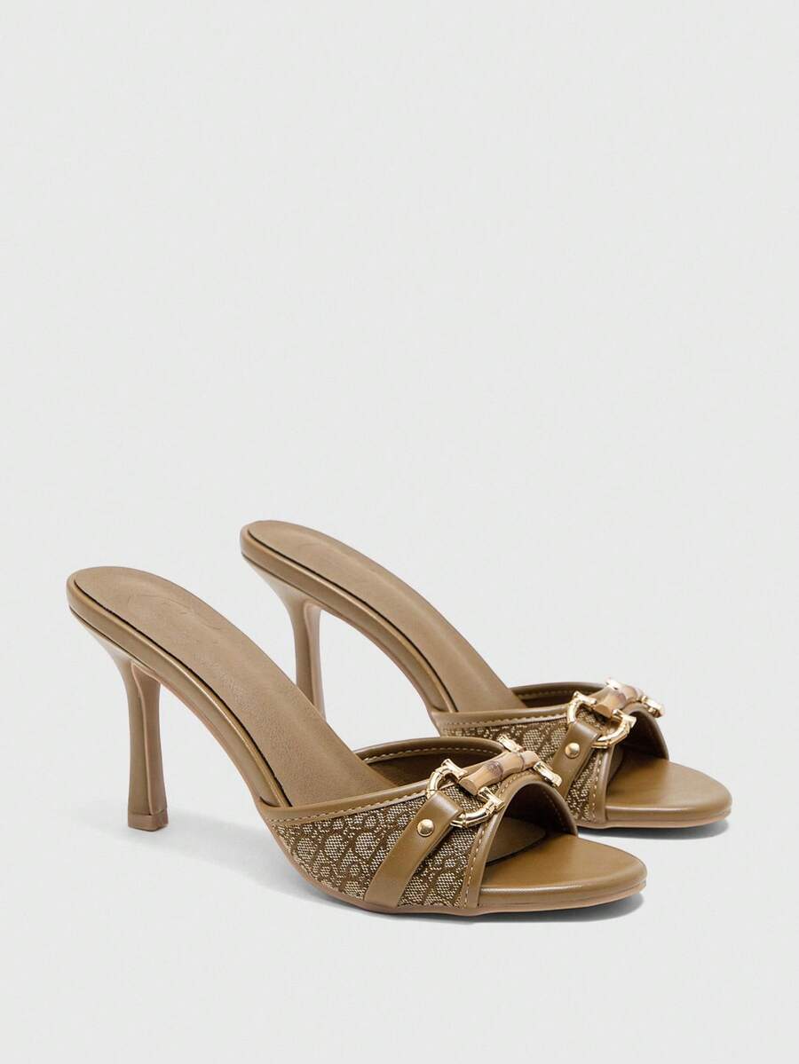 CUCCOO CHICEST Women Shoes Khaki D-Print Pattern Gold Buckle Classic Fashion Mules Round Toe High Heel Sandals - Khaki D printing - View 1