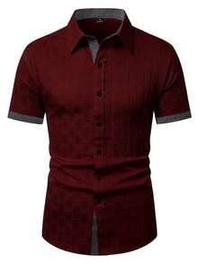 Manfinity Mode Men's Summer Casual Button-Up Short Sleeve Patchwork Shirt, Formal - Burgundy - View 3
