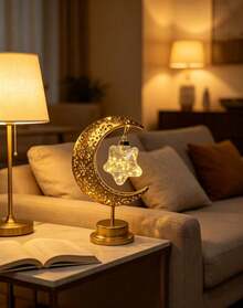 1 قطعة فانوس مبارك ديكوري أنيق بإضاءة LED، مصباح LED يعمل بالبطارية مناسب للاحتفالات وديكور غرفة النوم والهدايا العطلات - الذهبي - القمر - مشاهدة 7