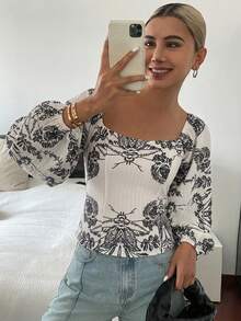 DAZY 女款全花卉植物印花休閒度假夏季抹胸上衣圖案T恤 - 白色 - 查看 3