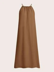 SHEIN BASICS 女款編織掛脖側開衩洋裝 - 棕色 - 查看 6