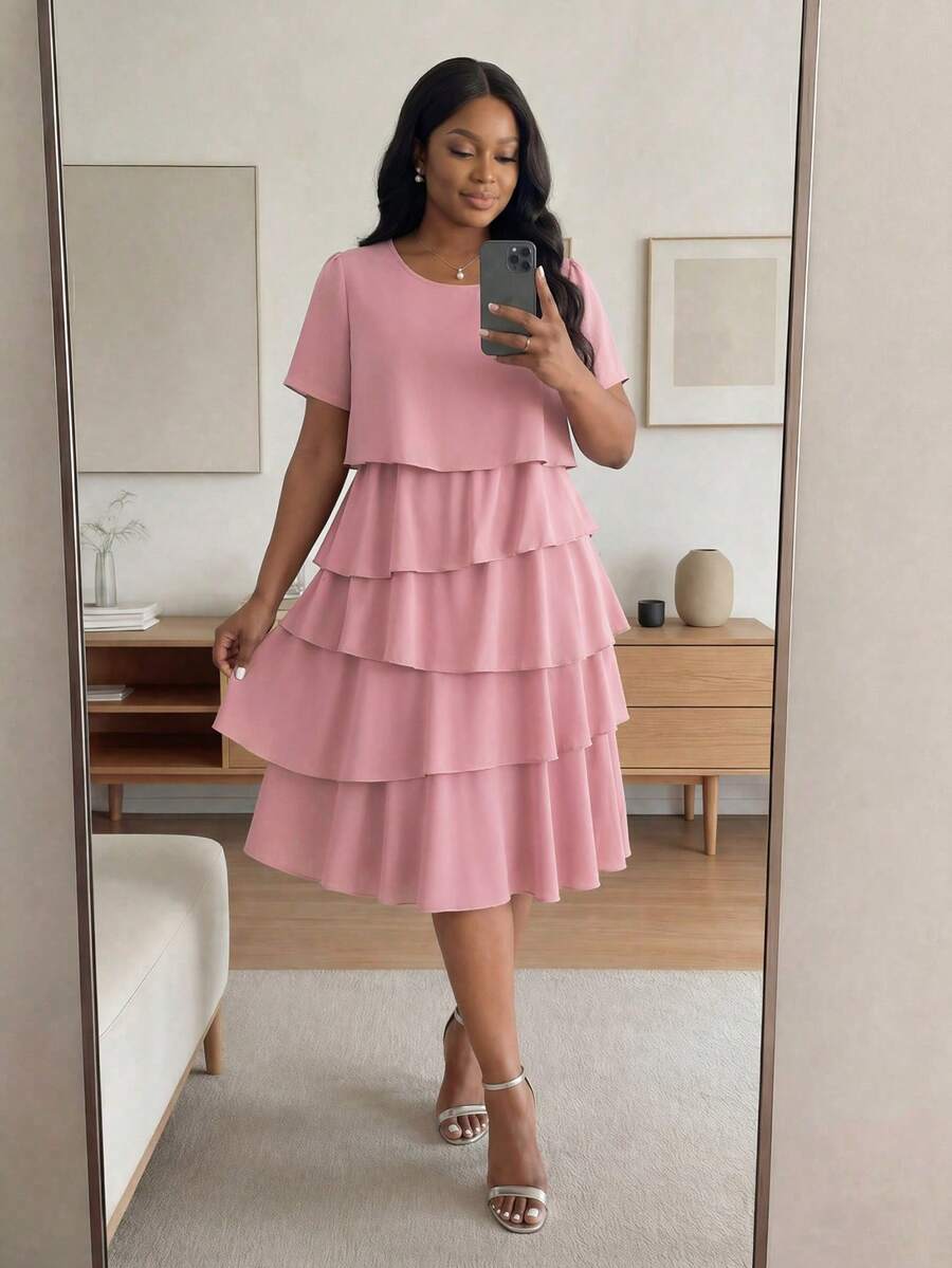 SHEIN Lady CURVE فستان صيفي كاجوال متعدد الطبقات بلون موحد مقاس كبير - وردي - مشاهدة 1