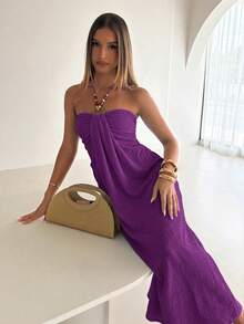 Aloruh Women's Fashion Holiday Party Solid Color Halter Neck Dress - Purple - View 6