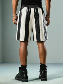 ROMWE MEN Men's Striped PU Leather Patchwork Shorts, Spring/Summer - Black and White - View 4