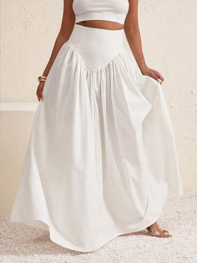 Vixey Solid Woven Wrinkle Resistant Drop Waist Side Zipper Flowy Maxi Skirt