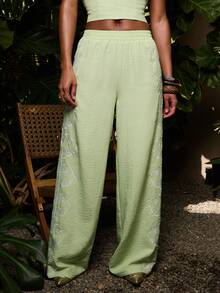 NYA SZN Anika Pant Monstera Plant Floral Linen Look Elastic Waistband Comfortable Embroidered Brunch Casual Vacation Date Night Summer Outfits For Women - Green - View 6