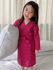 Dazy Kids 少女秋季居家服 柔軟舒適純棉印花面料荷葉邊領長袖洋裝 - 玫紅色 - 查看 4