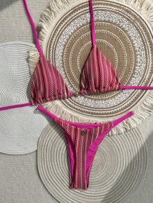Swim Mod Women's Spring/Summer New Special Fabric Metal Decor V-Neck Halter Backless Triangle Bikini Set 2 Pieces - Multicolor - View 1