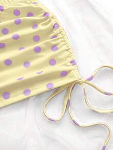 Soleia Áo croptop nữ hở lưng họa tiết anh đào phong cách tối giản casual đi chơi, chân váy ngắn cạp thấp nhún họa tiết chấm bi, áo thun họa tiết, phù hợp mặc mùa hè và dạo phố ngoài trời - Màu vàng - Xem 3