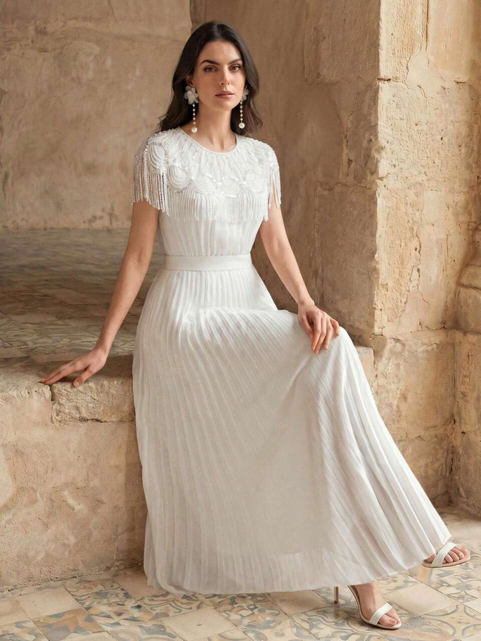 Anewsta Women's Spring/Summer Elegant Sequin Tassel Cape Chiffon Pleated White Long Dress, Suitable For Weddings, Banquets, Parties