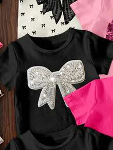 (Random 5 Sets, Send 3 Sets) Summer Girls' Shining Bow Crown Flower Leopard Love Pattern Printed Basic Short T+Shorts Set 6-Piece Set - Multicolor - View 5