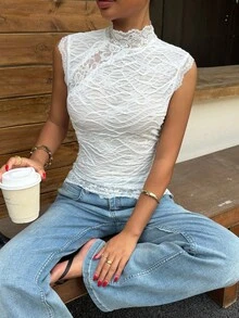Muchica Tank Top Wanita Renda Putih Modis Musim Panas - Putih - View 6
