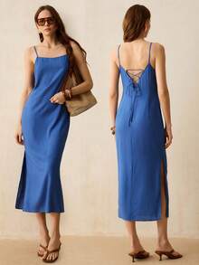 CielaLinda Women's Linen Spaghetti Strap Back Tie Long Midi Dress Vacation Blue Summer Elegant - Blue - View 8