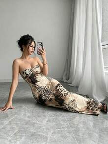 SHEIN Raffinéa 無袖平口扭轉露背鏤空綁帶貼身魚尾豹紋洋裝 - 杏色 - 查看 5