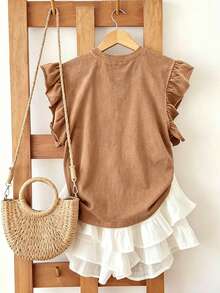 Resyla Women's Solid Color Ruffle Cuff Round Neck Rhinestone Decor Fashion T-Shirt - Ginger - View 2