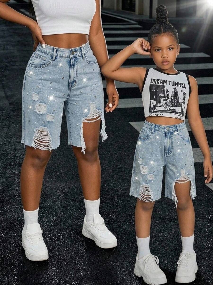 SHEIN Mädchen Große Tween Mädchen 3D Strass Dekorierte Blaue Denim Lockere Distressed Shorts - Blau - Übersicht 1