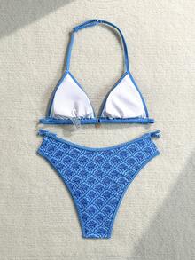 SHEIN Teen Girl Teen Girls Summer New Vacation, Vintage, Floral, Gold Pendant, Blue & White Random Floral Spaghetti Strap Bikini Set / Apricot Knitted Texture Shell Decoration, Summer Beach Whip Halter Neck Stitch Halter Triangle Bikini Set, Beach Outfit Bathing Suit Summer, Summer Beach - Blue - View 2