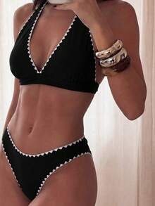 Bonvoyette Contrast Trim Two Pieces Swimsuit Set - Black - View 5