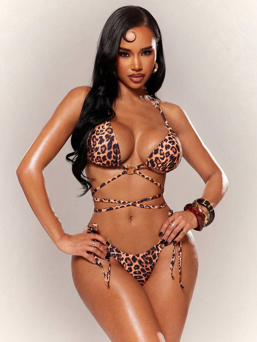 Radiana Women's Summer Sexy Chic Leopard Print Bikini Set, Tie Bikini Top And Bottoms 2 Pieces Set, Swimwear Set, Beach Vacationwear, Holiday, Night, Brown - Multicolor - View 1