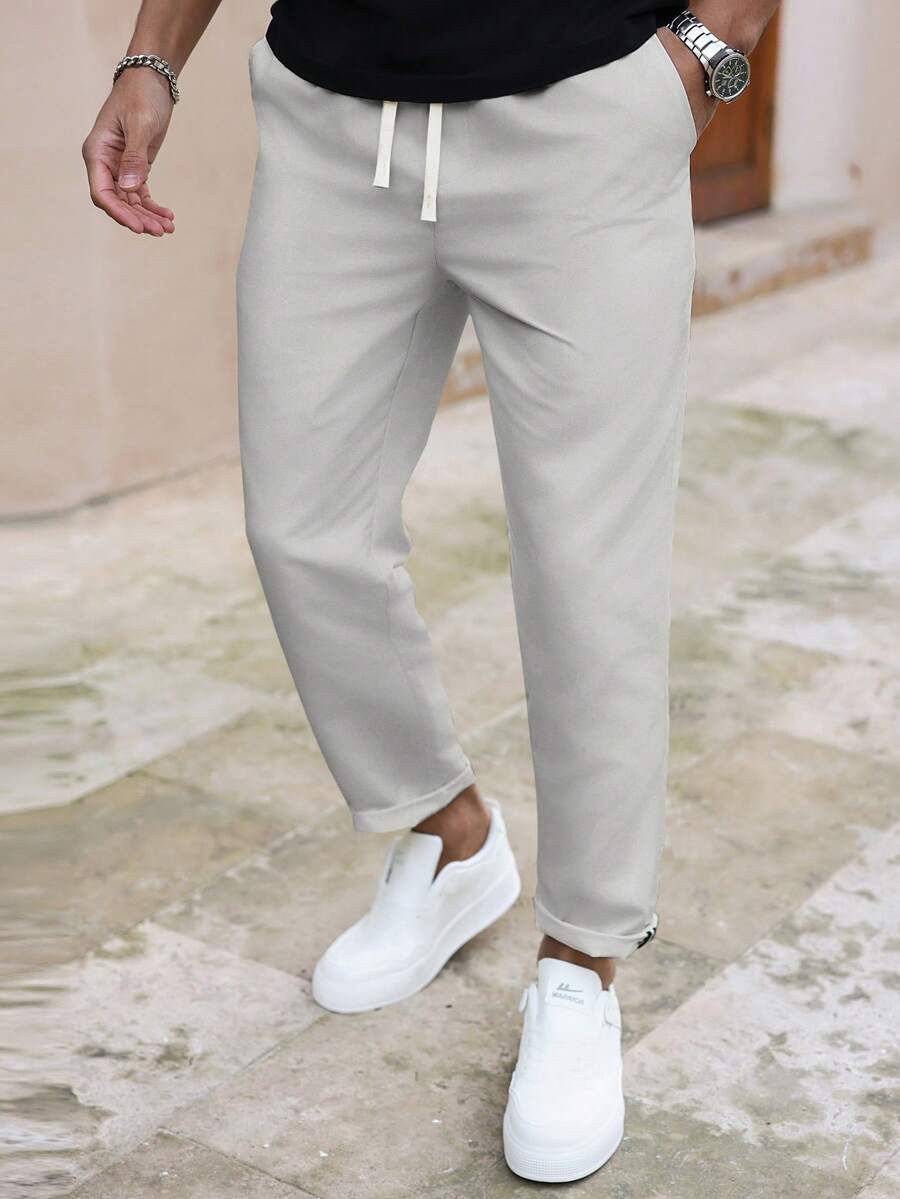 Manfinity Homme Men's Solid Color Casual Slim-Fit Straight Pants, Fall - Light Grey - View 1