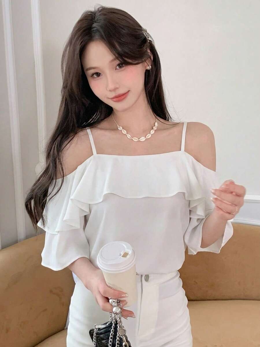 DAZY Contrast Mesh Short Sleeve Round Neck Ruffle Trim Women's Blouse Summer - White - View 1