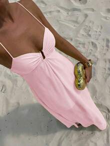 Aloruh Women's Solid Color Minimalist Daily Extra Long Dress - Baby Pink - View 6